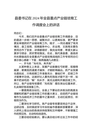 县委书记在2024年全县重点产业链培育工作调度会上的讲话