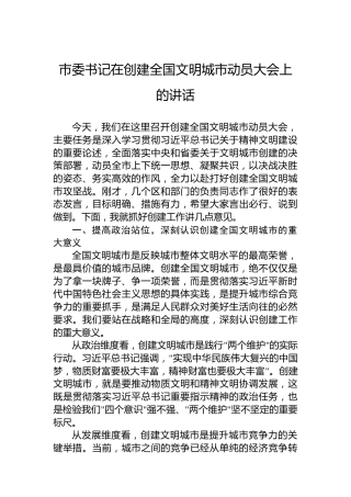 市委书记在创建全国文明城市动