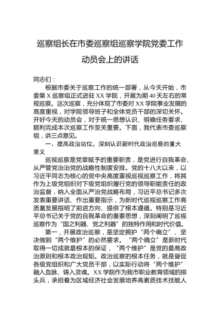 巡察组长在市委巡察组巡察学院党委工作动员会上的讲话