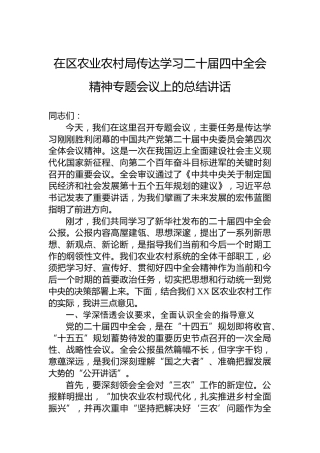 在区农业农村局传达学习二十届四中全会精神专题会议上的总结讲话