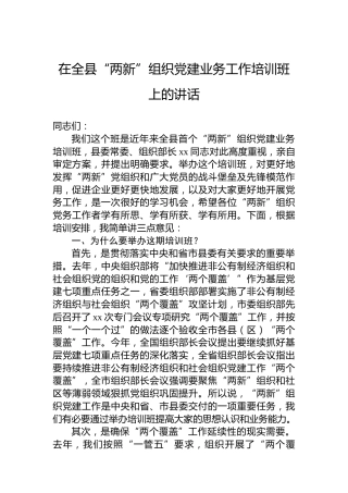 在全县“两新”组织党建业务工作培训班上的讲话