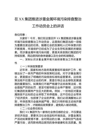 在XX集团推进涉重金属环境污染排查整治工作动员会上的讲话