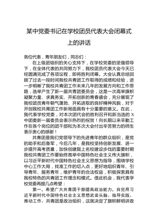 某中党委书记在学校团员代表大会闭幕式上的讲话