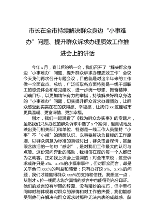 市长在全市持续解决群众身边“小事难办”问题、提升群众诉求办理质效工作推进会上的讲话