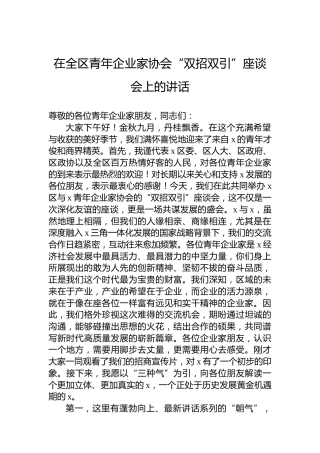 在全区青年企业家协会“双招双引”座谈会上的讲话