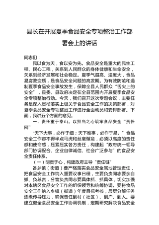 县长在开展夏季食品安全专项整治工作部署会上的讲话