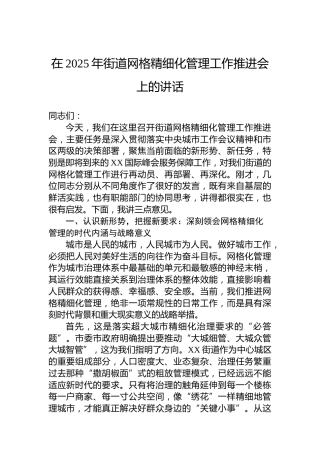 在2025年街道网格精细化管理工作推进会上的讲话