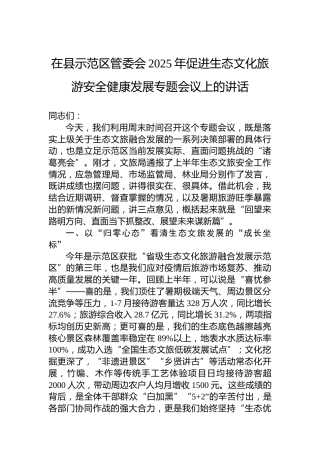在县示范区管委会2025年促进生态文化旅游安全健康发展专题会议上的讲话