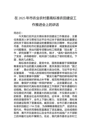 在2025年市农业农村委高标准农田建设工作推进会上的讲话