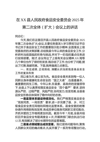 在XX县人民政府食品安全委员会2025年第二次全体（扩大）会议上的讲话