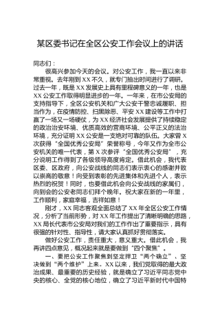 某区委书记在全区公安工作会议上的讲话