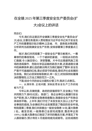 在全镇2025年第三季度安全生产委员会(扩大)会议上的讲话