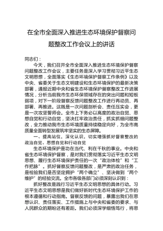 在全市全面深入推进生态环境保护督察问题整改工作会议上的讲话