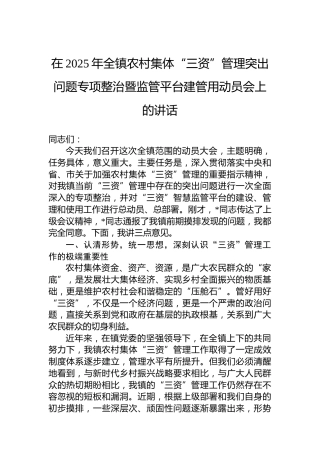 在2025年全镇农村集体“三资”管理突出问题专项整治暨监管平台建管用动员会上的讲话