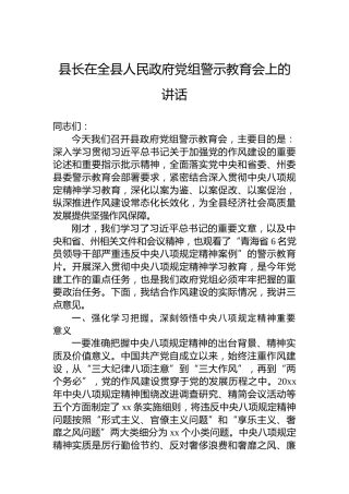 县长在全县人民政府党组警示教育会上的讲话