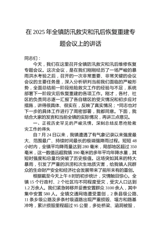 在2025年全镇防汛救灾和汛后恢复重建专题会议上的讲话