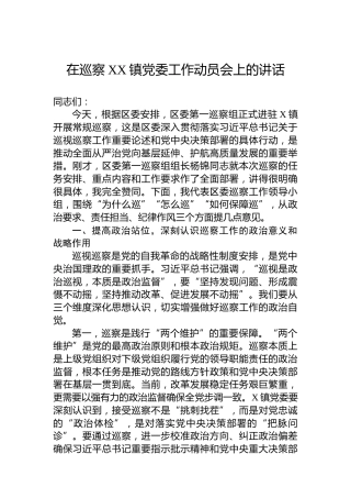 在巡察XX镇党委工作动员会上的讲话