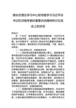 镇长在理论学习中心组专题学习习近平总书记在河南考察时重要讲话精神研讨交流会上的讲话