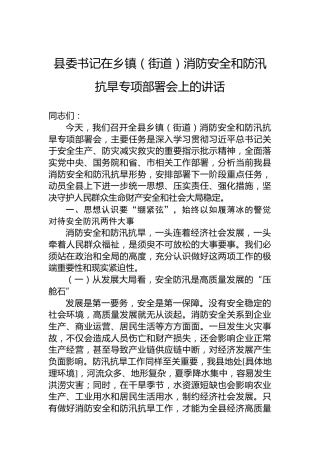 县委书记在乡镇（街道）消防安全和防汛抗旱专项部署会上的讲话