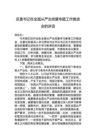区委书记在全面从严治党暨专题工作推进会的讲话