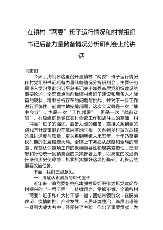 在镇村“两委”班子运行情况和村党组织书记后备力量储备情况分析研判会上的讲话