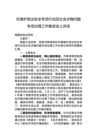 在维护政治安全专项行动及社会涉稳问题专项治理工作推进会上讲话
