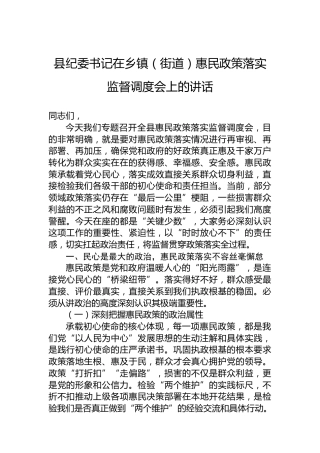 县纪委书记在乡镇（街道）惠民政策落实监督调度会上的讲话