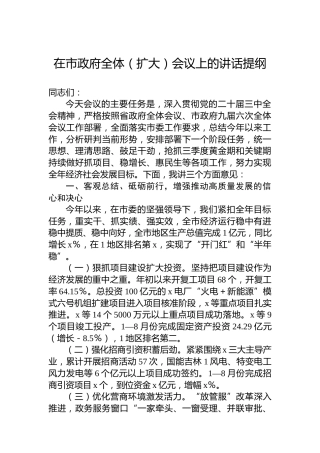 在市政府全体（扩大）会议上的讲话提纲