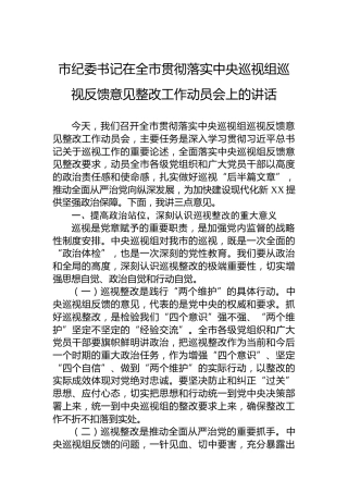 市纪委书记在全市贯彻落实中央巡视组巡视反馈意见整改工作动员会上的讲话