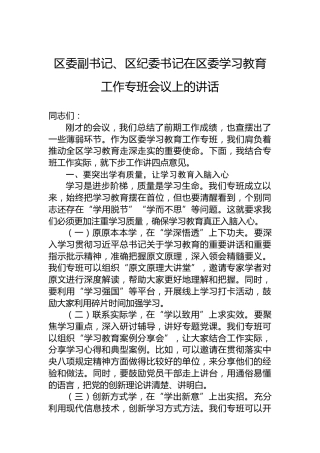 区委副书记、区纪委书记在区委学习教育工作专班会议上的讲话