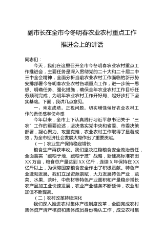 副市长在全市今冬明春农业农村重点工作推进会上的讲话
