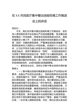 在XX市民政厅集中整治违规吃喝工作推进会上的讲话