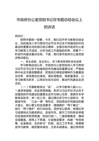 市政府办公室党组书记在专题总结会议上的讲话