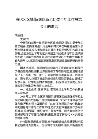 在XX区镇街(园区)团(工)委半年工作总结会上的讲话