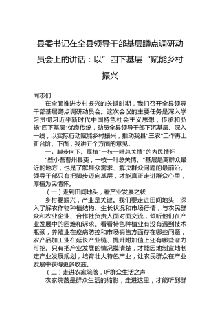 县委书记在全县领导干部基层蹲点调研动员会上的讲话：以”四下基层