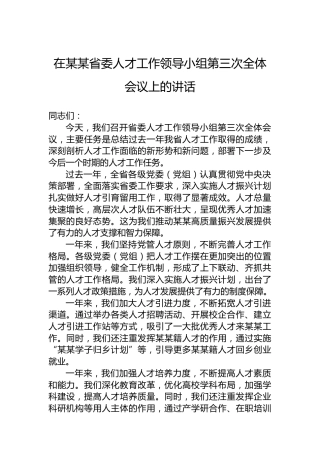 在某某省委人才工作领导小组第三次全体会议上的讲话