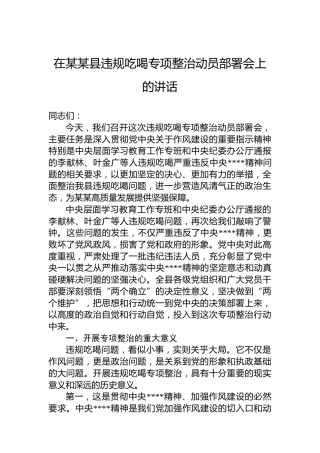 在某某县违规吃喝专项整治动员部署会上的讲话