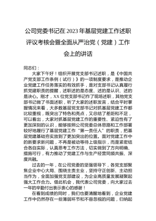 公司党委书记在2023年基层党建工作述职评议考核会暨全面从严治党（党建）工作会上的讲话