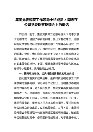集团党委巡察工作领导小组成员X同志在公司党委巡察反馈会上的讲话