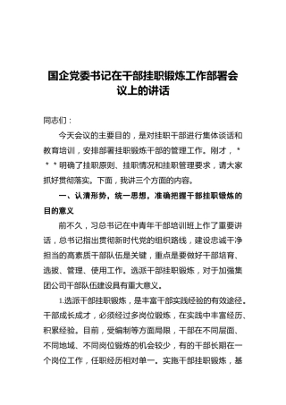 国企党委书记在干部挂职锻炼工作部署会议上的讲话