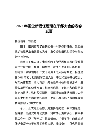 2022年国企新提任经理在干部大会的表态发言