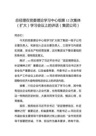 总经理在党委理论学习中心组第12次集体（扩大）学习会议上的讲话（集团公司）