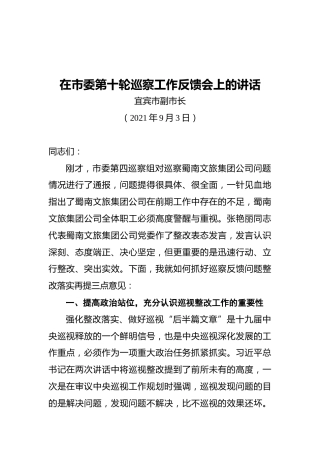 在市委第十轮巡察工作反馈会上的讲话（20210903）