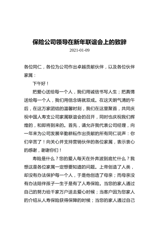 保险公司领导在新年联谊会上的致辞（20210109）