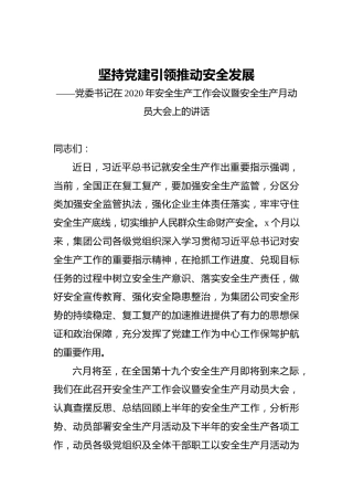坚持党建引领推动安全发展——党委书记在2020年安全生产工作会议暨安全生产月动员大会上的讲话