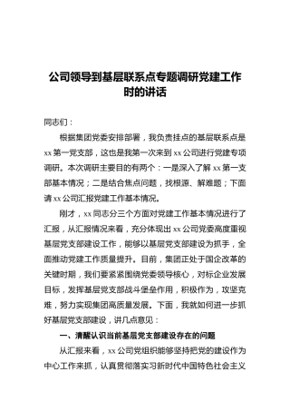公司领导到基层联系点专题调研党建工作时的讲话
