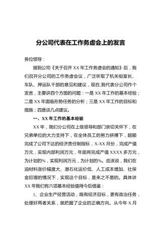 分公司代表在工作务虚会上的发言