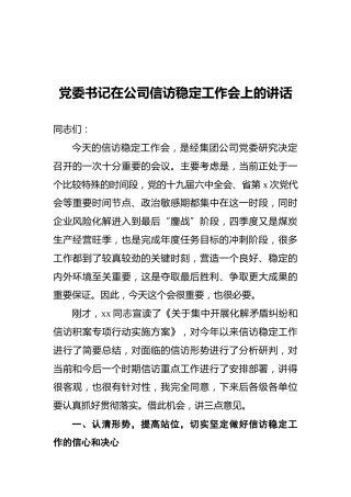 党委书记在公司信访稳定工作会上的讲话
