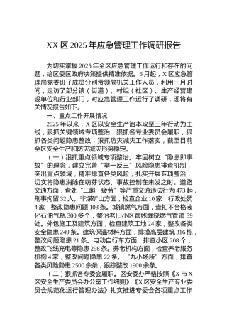 XX区2025年应急管理工作调研报告