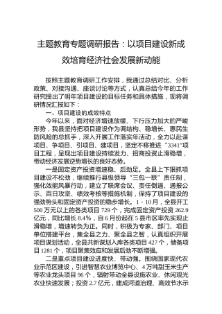 主题教育专题调研报告：以项目建设新成效培育经济社会发展新动能